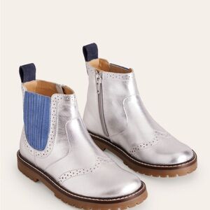 Mini Boden Silver Leather Chelsea Boots with Blue Elastic Panels